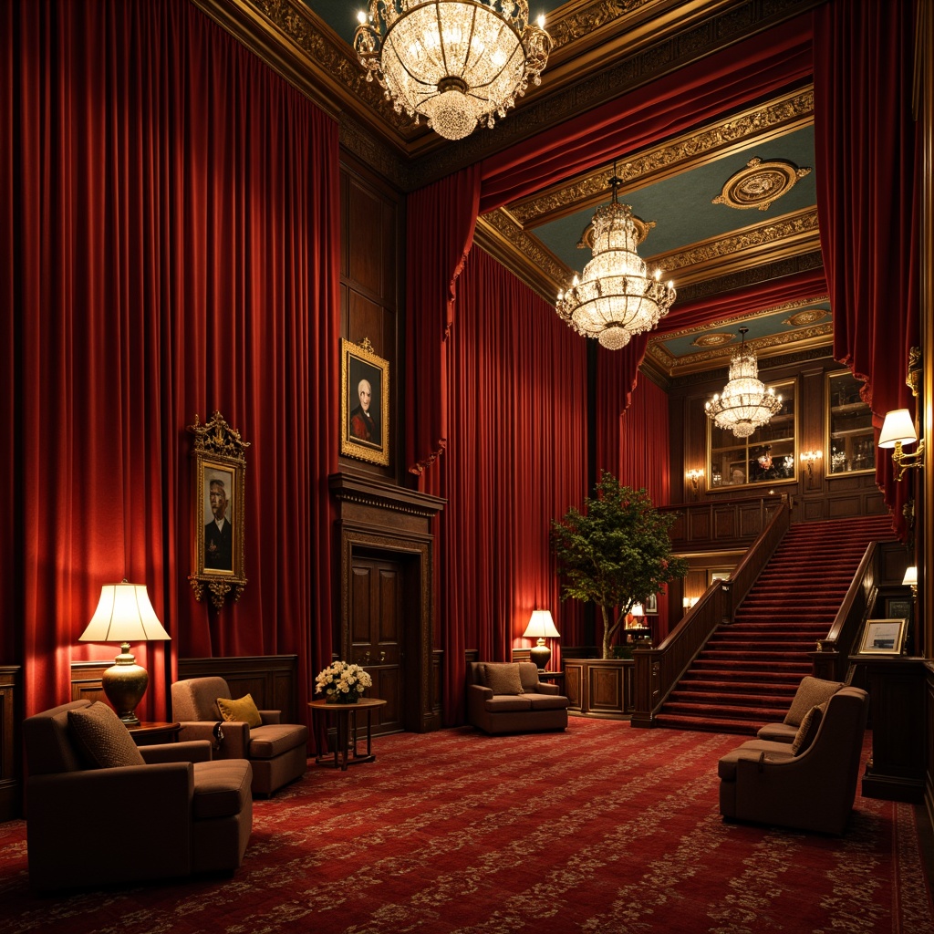 Prompt: Elegant cinema interior, rich velvet drapes, ornate golden frames, crystal chandeliers, subtle warm glow, softbox lighting, dimmable sconces, bronze lamp fixtures, luxurious red carpets, opulent furnishings, intricate moldings, grandiose staircases, majestic high ceilings, Baroque-inspired details, sophisticated ambient lighting, 1/2 composition, cinematic color grading, film noir atmosphere, mysterious shadows.