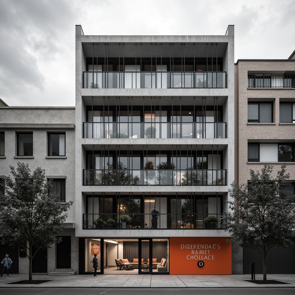 Prompt: Monochromatic hotel facade, brutalist architecture, industrial materials, exposed concrete walls, steel beams, minimalist decor, bold typography, primary color accents, geometric patterns, rectangular forms, functional design, urban cityscape, cloudy day, high-contrast lighting, deep shadows, 1/1 composition, symmetrical framing, graphic textures, ambient occlusion.