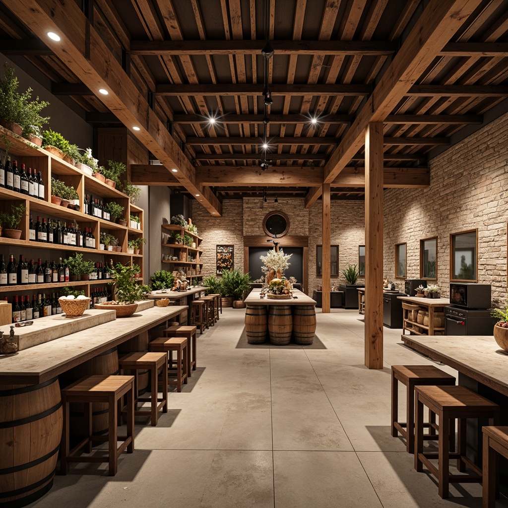 Prompt: Rustic winery, modern industrial chic, reclaimed wood accents, exposed brick walls, stone veneer, metal beams, polished concrete floors, wine barrel decor, vintage wine-making equipment, natural stone countertops, earthy color palette, warm ambient lighting, shallow depth of field, 3/4 composition, panoramic view, realistic textures, ambient occlusion.