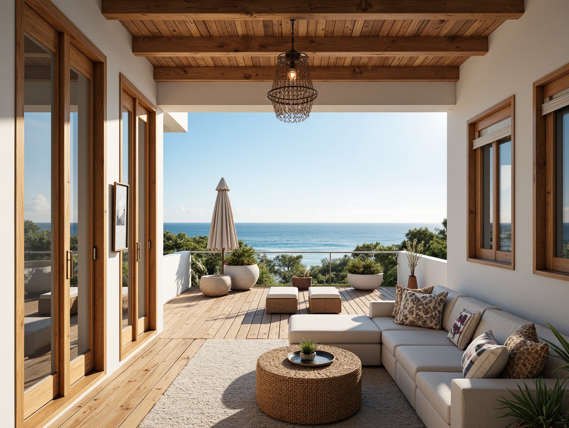 Prompt: Vibrant coastal villa, ocean views, sunny day, soft warm lighting, nautical themed fixtures, bronze metal lanterns, glass pendant lights, woven rattan shades, driftwood accents, beachy textures, weathered wood tones, white stucco walls, large windows, sliding glass doors, seaside breeze, gentle waves, sandy dunes, seashell decor, coral-inspired patterns, refreshing ocean air, 1/1 composition, shallow depth of field.