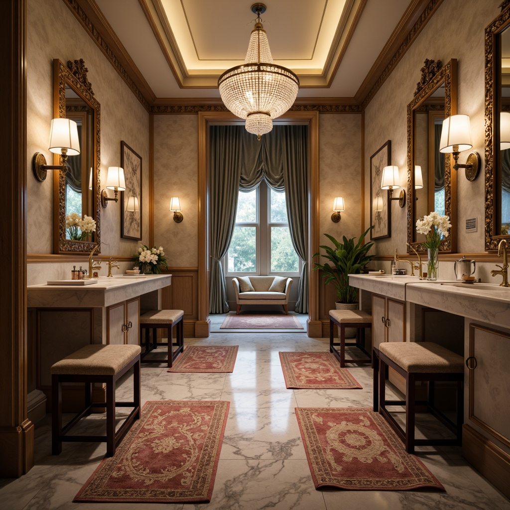 Prompt: Luxurious powder room, marble countertops, ornate mirrors, crystal chandeliers, plush area rugs, velvet drapes, gold accents, elegant sconces, soft warm lighting, shallow depth of field, 1/1 composition, realistic textures, ambient occlusion.