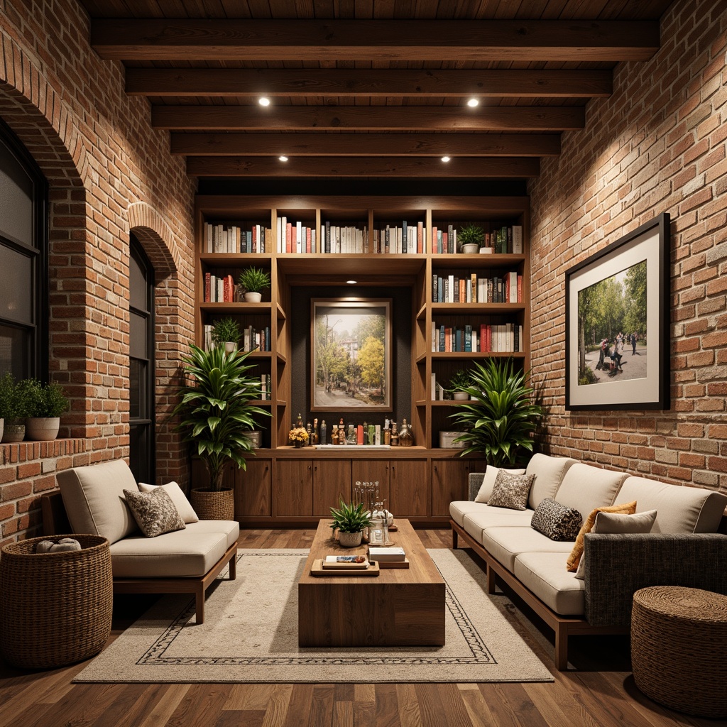 Prompt: Rustic exposed brick walls, earthy tones, natural stone accents, distressed wooden panels, industrial chic decor, reclaimed wood shelves, cozy reading nooks, warm ambient lighting, shallow depth of field, 1/2 composition, realistic textures, soft focus blur, inviting atmosphere, comfortable seating areas, plush throw pillows, woven baskets, potted greenery, eclectic artwork.