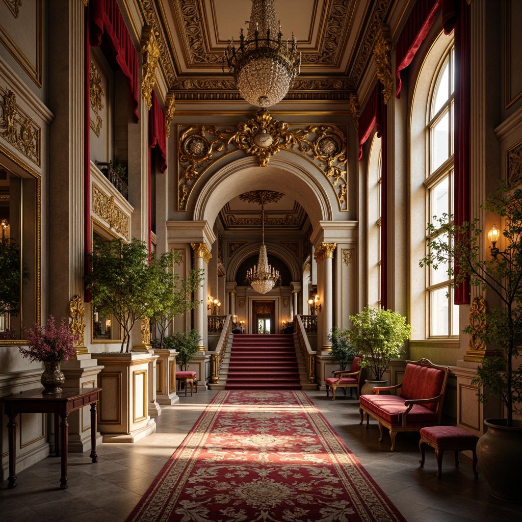 Prompt: Ornate palace, intricately carved stonework, gilded accents, lavish furnishings, velvet drapes, ornamental mirrors, crystal chandeliers, grand staircases, sweeping archways, richly patterned rugs, golden lighting fixtures, soft warm glow, shallow depth of field, 1/2 composition, symmetrical framing, highly detailed textures, ambient occlusion.