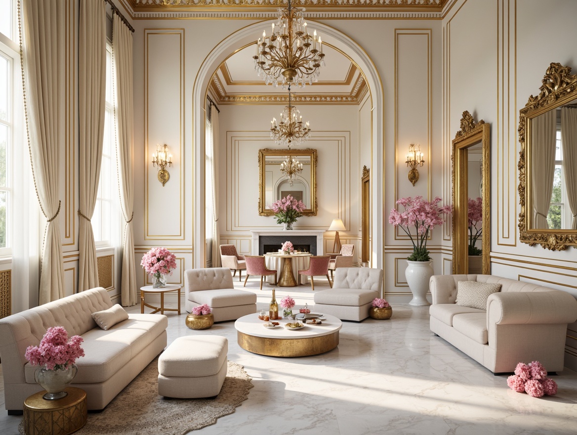 Prompt: Luxurious interior, ornate gold accents, soft creamy whites, rich velvet fabrics, pastel pinks, pale blues, ivory marble, intricate wood carvings, gilded mirrors, crystal chandeliers, delicate lace patterns, warm candlelight, shallow depth of field, 1/1 composition, romantic ambiance, opulent textures, subtle gradient effects.