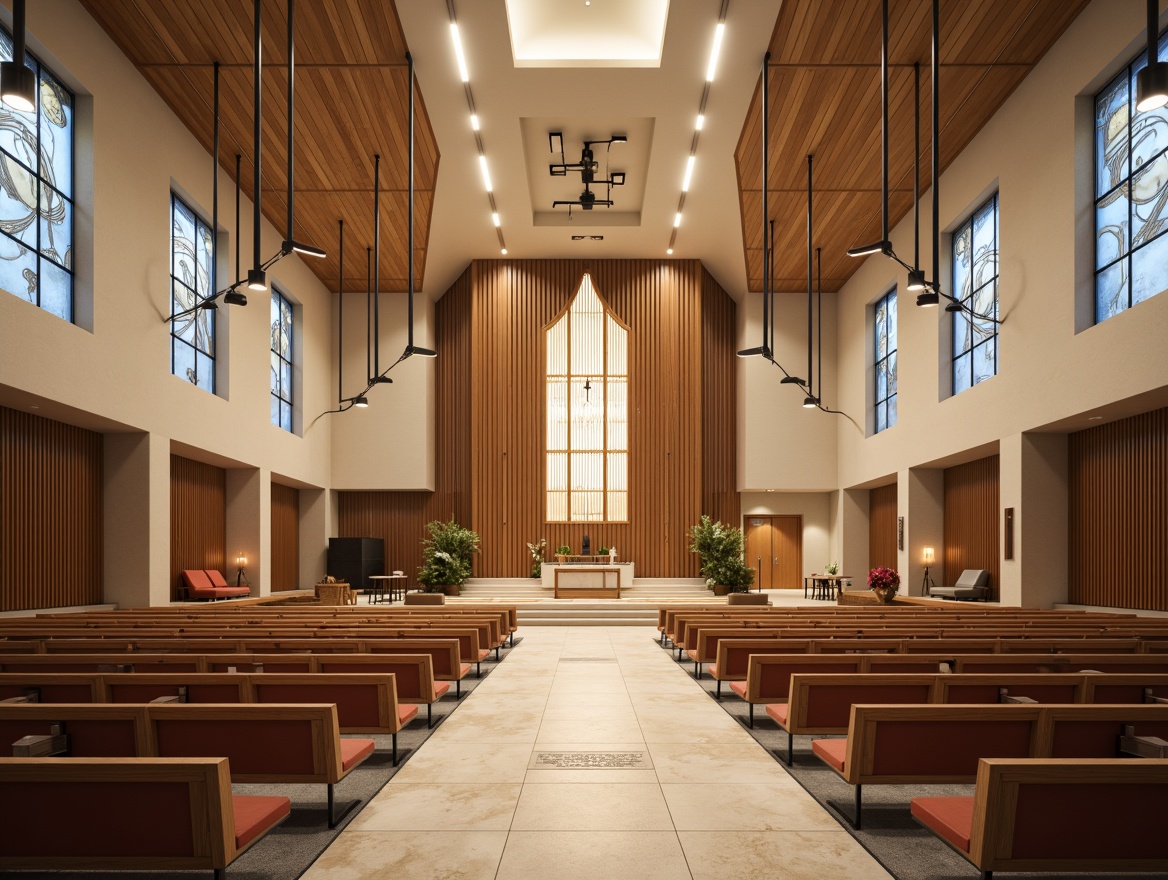 Prompt: Streamlined modern church interior, minimalist altar, sleek wooden pews, innovative light fixtures, suspended ceiling lamps, LED strip lighting, geometric chandeliers, abstract stained glass windows, subtle natural stone flooring, warm beige walls, vaulted ceilings, dramatic arches, refined metal accents, luxurious velvet upholstery, ambient soft lighting, shallow depth of field, 1/1 composition, realistic textures, ambient occlusion.