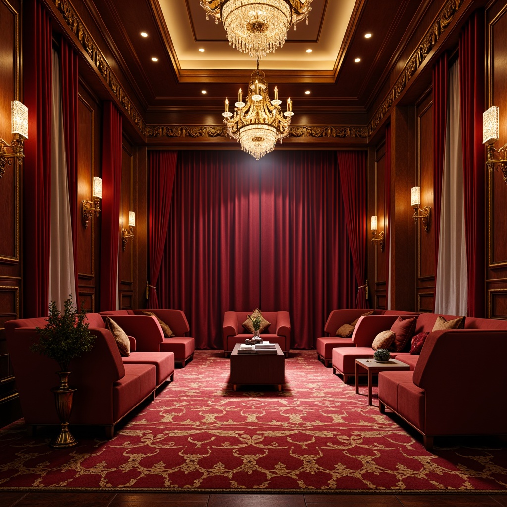 Prompt: Luxurious velvet curtains, rich mahogany wood accents, golden ornate details, soft warm lighting, deep red carpeting, elegant chandeliers, sophisticated Art Deco patterns, opulent gold leafing, lavish furnishings, refined crimson upholstery, dramatic spotlights, intimate atmospheric ambiance, 1/1 composition, cinematic framing, high contrast ratio, vibrant color grading.