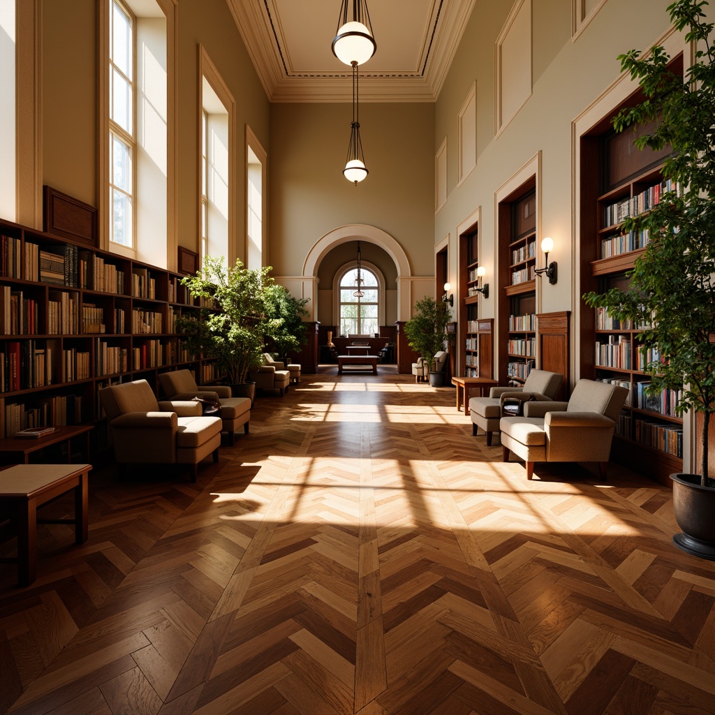 Prompt: Polished hardwood floors, rich walnut tones, elegant herringbone patterns, sophisticated academic atmosphere, stately university buildings, grand lecture halls, refined library spaces, comfortable study areas, warm beige walls, classic wooden chairs, vintage-inspired lighting fixtures, soft natural light, subtle shadowing, 3/4 composition, shallow depth of field, realistic textures, ambient occlusion.