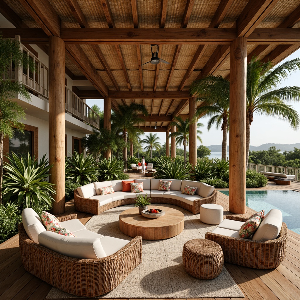 Prompt: Tropical living room, rattan furniture, plush cushions, vibrant floral patterns, natural textiles, woven bamboo walls, exotic plants, palm trees, warm wooden flooring, soft diffused lighting, 1/1 composition, realistic shadows, cozy atmosphere, elegant curves, modern minimalist design, comfortable seating areas, refreshing colors, ocean-inspired accents, decorative shells, coral patterns, nature-inspired sculptures.