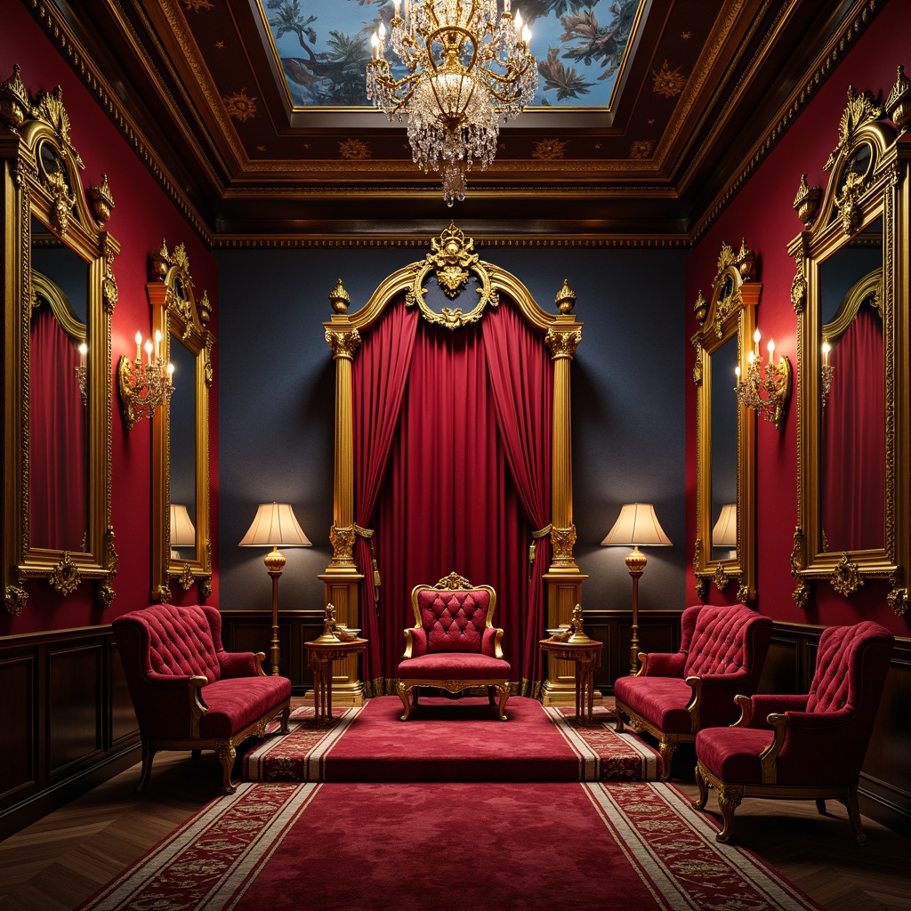 Prompt: Opulent throne room, rich velvet drapes, luxurious golden accents, ornate mirrors, gilded frames, crimson red walls, deep blue ceiling, intricate fresco patterns, lavish chandeliers, sparkling crystal drops, grandiose architecture, dramatic shadows, warm candlelight, 1/2 composition, intimate atmosphere, realistic fabric textures, subtle gradient maps.