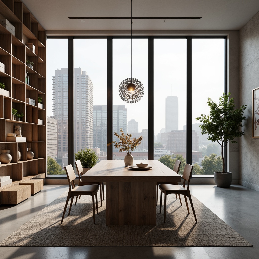 Prompt: Modern dining room, sleek wooden table, minimalist chairs, floor-to-ceiling windows, natural daylight, urban cityscape view, neutral color palette, textured rug, geometric pendant lighting, metallic accents, open shelving units, decorative vases, potted greenery, wall-mounted artwork, cozy throw blankets, warm ambiance, softbox lighting, 1/1 composition, realistic reflections, ambient occlusion.