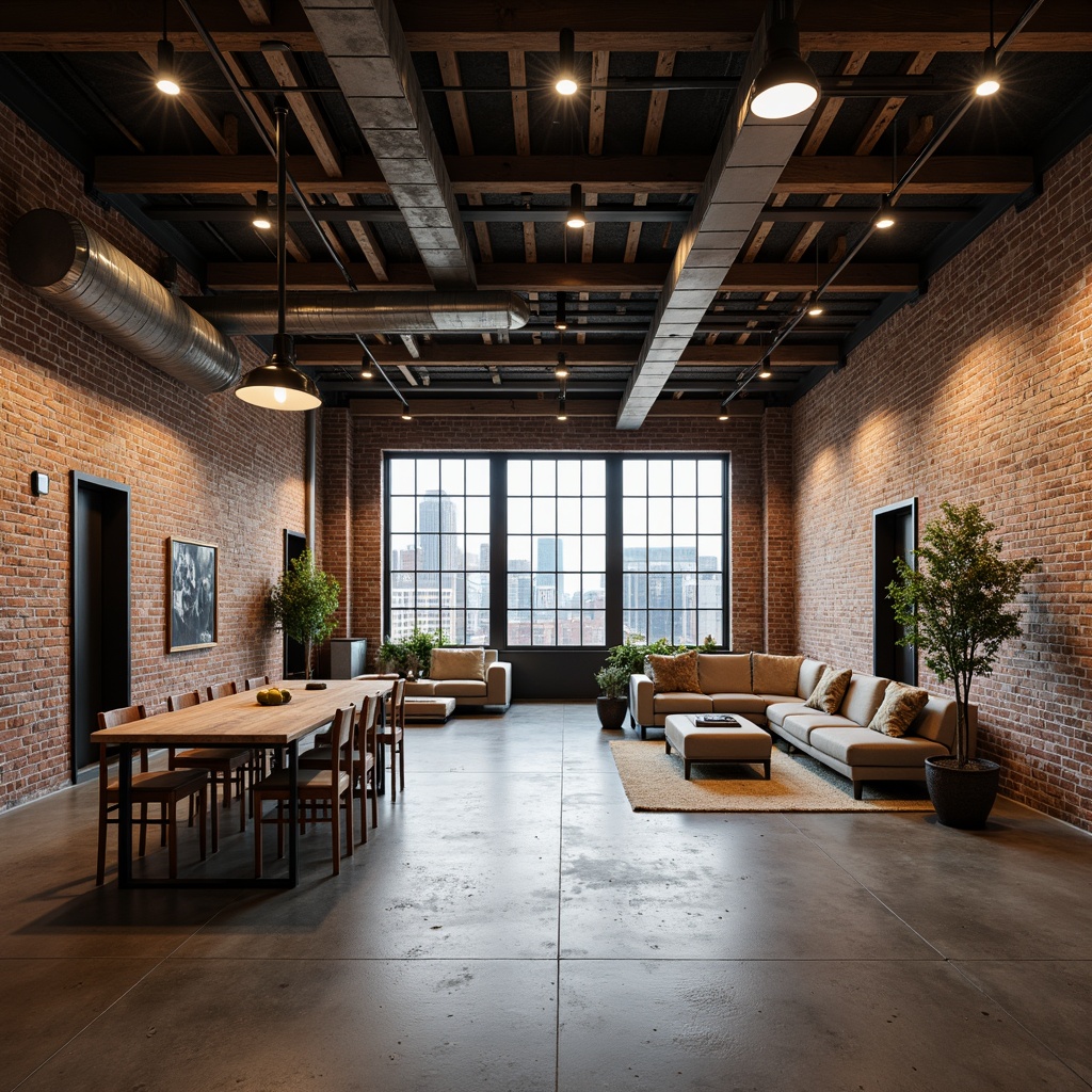 Prompt: Exposed brick walls, metal beams, reclaimed wood accents, industrial-style lighting fixtures, urban loft atmosphere, converted warehouse spaces, polished concrete floors, mechanical equipment visibility, functional pipes and ductwork, distressed finishes, edgy modern architecture, cityscape views, gritty textures, high ceilings, open floor plans, minimalist decor, neutral color palette, natural light abundance, soft focus photography, 1/1 composition, moody ambient lighting.