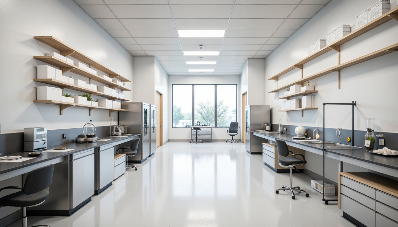 Prompt: Minimalist laboratory interior, industrial-style metal tables, sleek glass countertops, simple wooden shelves, epoxy resin flooring, pure white walls, stainless steel equipment, modern LED lighting, ergonomic chairs, subtle color accents, calm atmosphere, soft natural light, shallow depth of field, 1/1 composition, realistic textures, ambient occlusion.Let me know if this meets your requirements!