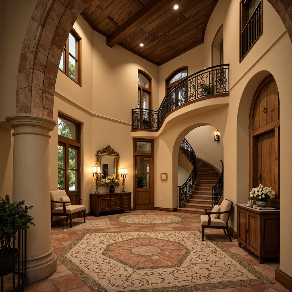 Prompt: Warm beige walls, rustic stone accents, curved archways, decorative ceramic tiles, ornate metalwork, rich wood paneling, textured stucco finishes, soft warm lighting, ambient shadows, subtle color gradients, classical architectural details, grand high ceilings, sweeping staircases, lavish drapery, plush carpeting, ornate chandeliers, Mediterranean-inspired patterns, intricate mosaics, warm earthy tones, inviting atmosphere, dramatic focal points, symmetrical composition, 1/2 camera angle, cinematic lighting effects.