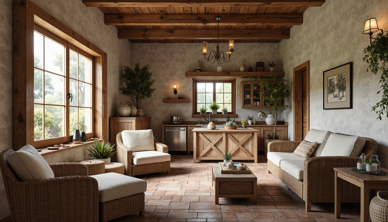 Prompt: Rustic farmhouse interior, reclaimed wood accents, natural stone walls, earthy color palette, woven wicker furniture, vintage metal decor, linen upholstery, distressed wood beams, brick flooring, country-style kitchen, wooden cabinets, ceramic tiles, soft warm lighting, 1/1 composition, cozy atmosphere, realistic textures, ambient occlusion.