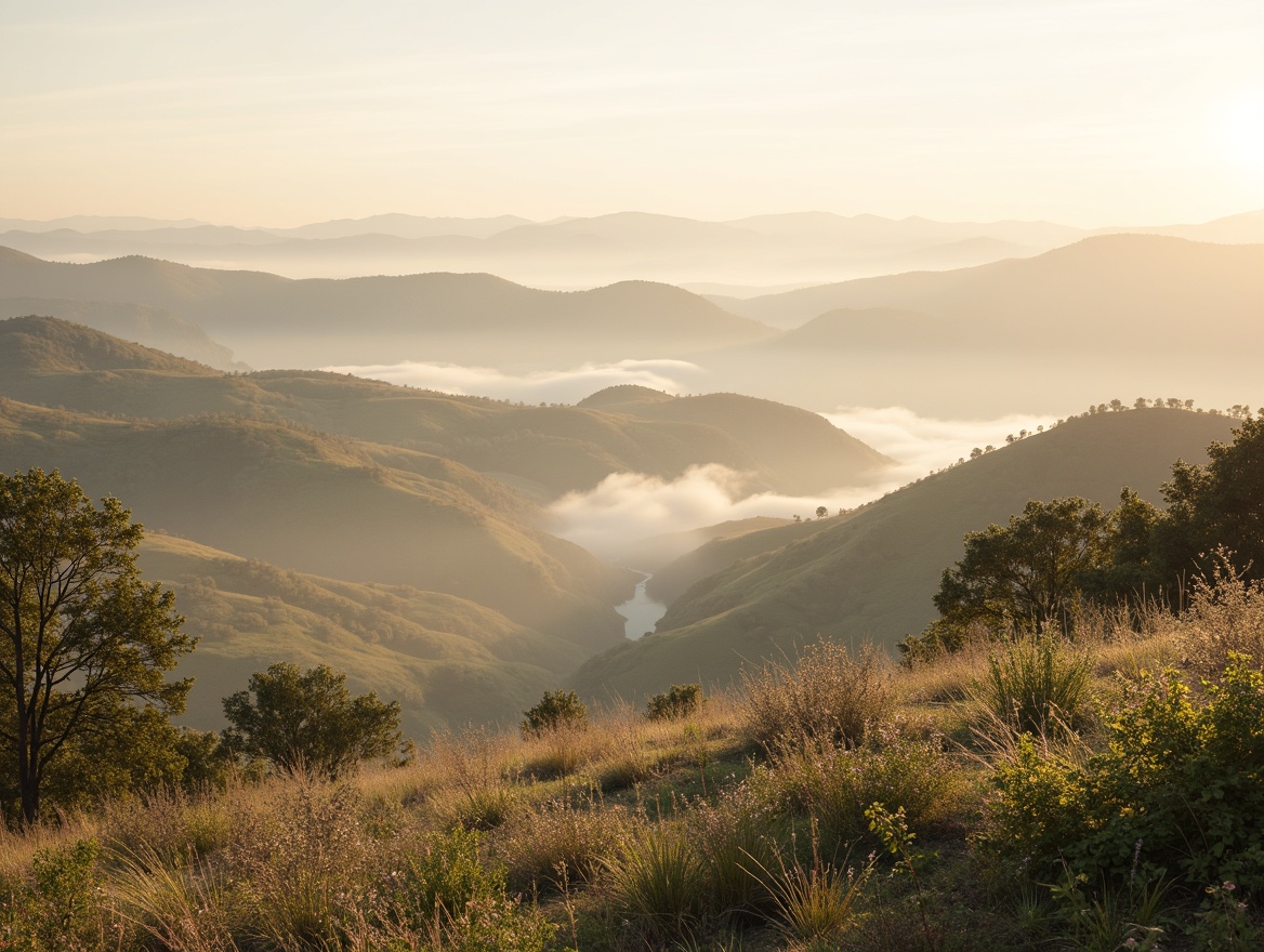 Prompt: Soft pastel hues, calming atmosphere, serene landscape, rolling hills, gentle slopes, misty mornings, warm sunlight, cozy textures, natural materials, reclaimed wood accents, earthy tones, soothing color scheme, balanced composition, 1/2 rule, shallow depth of field, soft focus, atmospheric perspective, harmonious palette, analogous colors, monochromatic shades, triadic harmony.