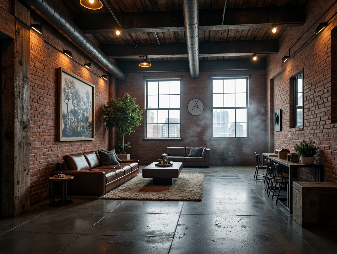 Prompt: Exposed brick walls, metal beams, reclaimed wood accents, industrial-style lighting fixtures, polished concrete floors, urban loft atmosphere, functional pipework, distressed leather furniture, vintage machinery parts, edgy modern decor, moody color palette, dramatic shadows, high ceilings, open floor plan, minimalist aesthetic, raw textures, abstract artwork, industrial-chic accessories, cityscape views, atmospheric misting, cinematic composition, dynamic lighting effects.