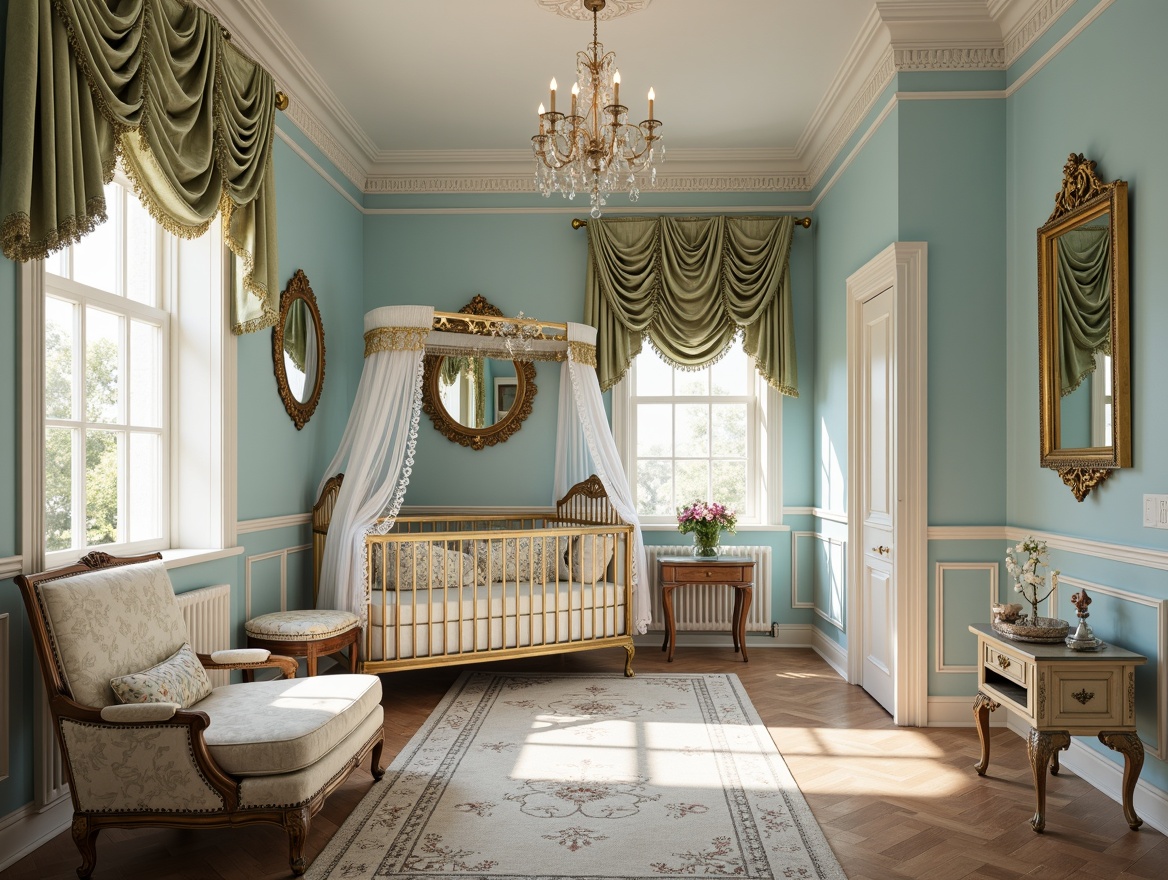 Prompt: Ornate nursery, soft baby blue walls, cream accents, golden frames, intricate carvings, luxurious fabrics, velvet drapes, ornamental mirrors, delicate lace, antique furniture, floral patterns, subtle sheen, warm candlelight, shallow depth of field, 1/1 composition, realistic textures, ambient occlusion.