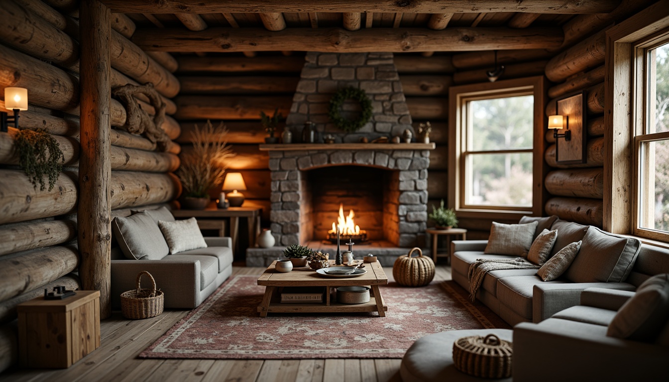 Prompt: Rustic cabin, wooden logs, stone walls, earthy tones, natural textiles, woven baskets, pinecone decorations, vintage metalware, distressed wood furniture, candlelit ambiance, warm cozy lighting, shallow depth of field, 1/1 composition, soft focus, realistic textures, ambient occlusion.