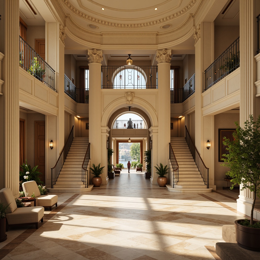 Prompt: Marble floors, ornate columns, grand staircases, intricate moldings, luxurious furnishings, warm beige tones, soft golden lighting, elegant waiting areas, stately reception desks, polished wooden accents, classic artwork, serene water features, lush greenery, natural stone walls, symmetrical architecture, balanced compositions, subtle color palettes, realistic textures, ambient occlusion.