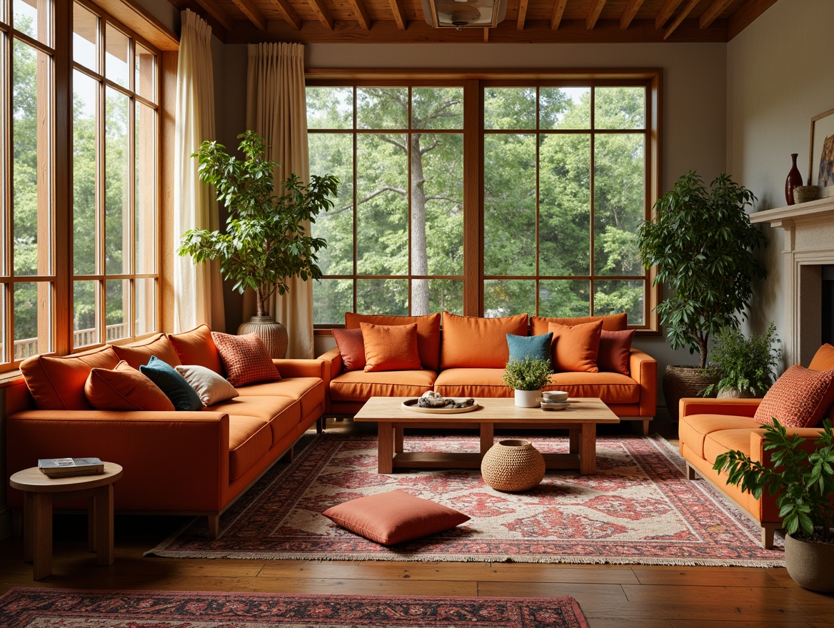 Prompt: Vibrant living room, plush throw pillows, soft velvet sofas, woven basket coffee tables, intricate geometric patterned rugs, warm beige walls, natural wood flooring, large windows, abundance of greenery, ambient lighting, shallow depth of field, 3/4 composition, realistic textures, subtle fabric draping, upholstery details, tactile experiences, cozy reading nooks, inviting atmosphere.