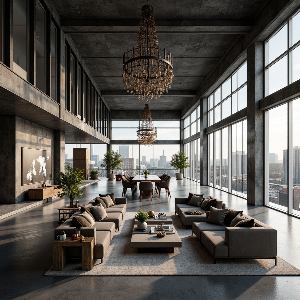 Prompt: Expansive open-plan living area, high ceilings, polished concrete floors, industrial-chic metal beams, luxurious velvet sofas, ornate Art Deco patterns, metallic accents, lavish chandeliers, floor-to-ceiling windows, cityscape views, minimalist decor, monochromatic color scheme, atmospheric lighting, soft focus, shallow depth of field, 2/3 composition, cinematic perspective, dramatic shadows, realistic reflections.