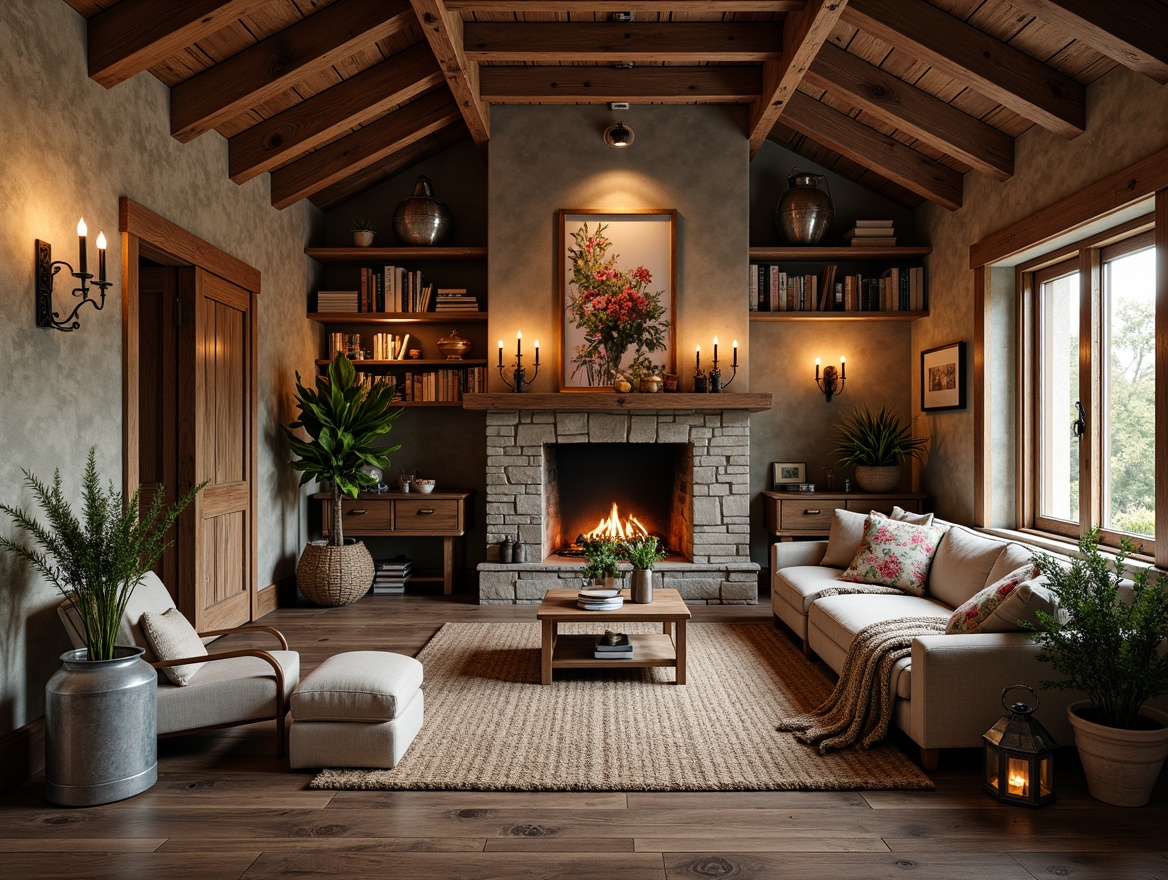 Prompt: Rustic farmhouse, wooden beams, exposed brick walls, earthy color palette, vintage metal lanterns, distressed wood furniture, plush throw blankets, natural fiber rugs, stone fireplaces, cozy reading nooks, soft warm lighting, shallow depth of field, 1/1 composition, intimate atmosphere, realistic textures, ambient occlusion, aged wood accents, galvanized metal decor, woven baskets, potted greenery, floral patterns, nature-inspired artwork.