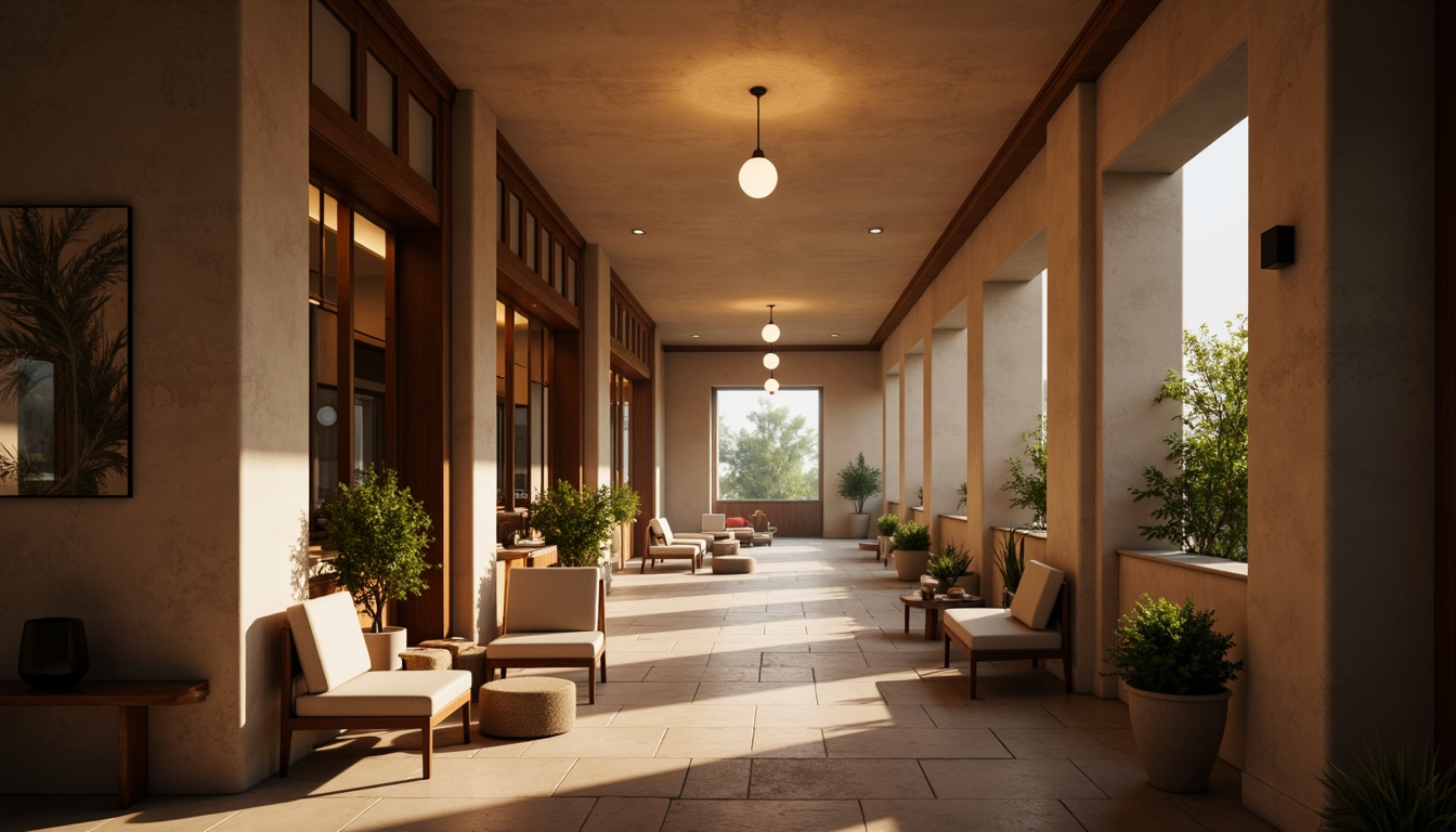 Prompt: Cozy corridor, soft warm glow, pendant lamps, recessed lighting, natural stone flooring, wooden accents, minimalist decor, comfortable seating areas, subtle color palette, calming ambiance, warm neutral tones, layered lighting effects, gradual transitions, 1/1 composition, shallow depth of field, realistic textures, ambient occlusion.