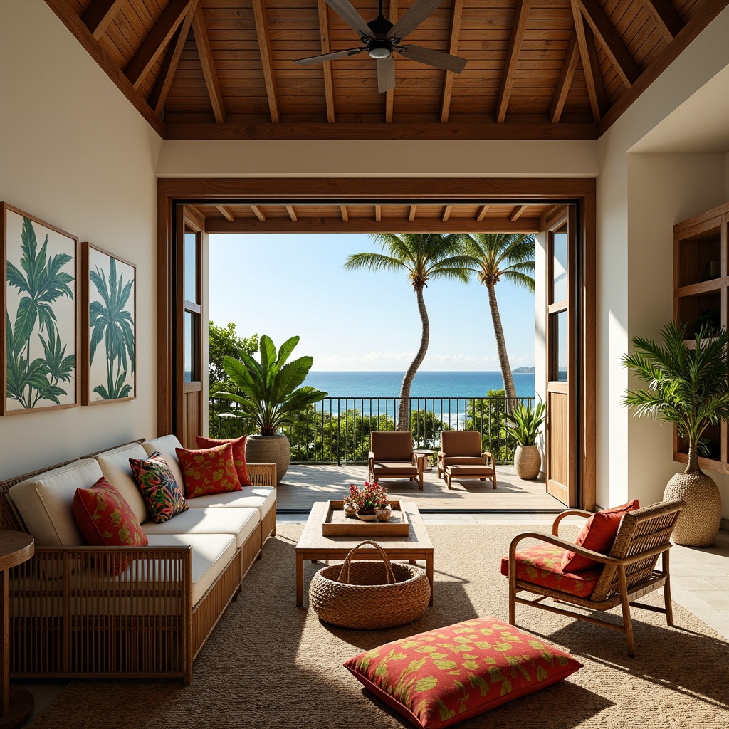 Prompt: Tropical living room, rattan furniture, woven textiles, natural fibers, wicker chairs, plush cushions, vibrant colorful throws, exotic wood accents, palm tree patterns, botanical prints, lush greenery, floor-to-ceiling windows, sliding glass doors, ocean views, sunny day, soft warm lighting, shallow depth of field, 3/4 composition, realistic textures, ambient occlusion.