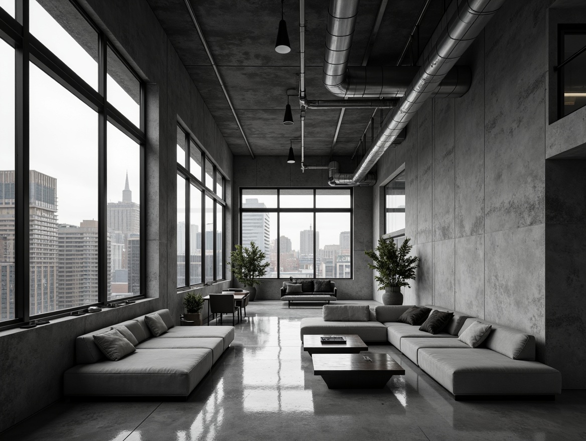 Prompt: Monochromatic brutalist interior, raw concrete walls, exposed ductwork, industrial steel beams, minimalist decor, sparse greenery, sleek low-profile furniture, polished metal accents, cold tone color palette, dramatic shadowing, high ceilings, oversized windows, urban cityscape views, moody atmospheric lighting, shallow depth of field, 1/1 composition, cinematic framing.