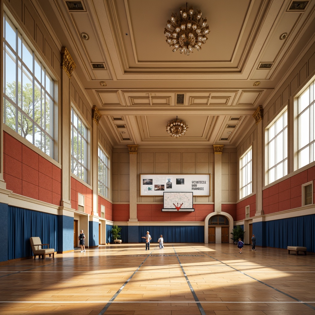 Prompt: \Elegant gymnasium interior, warm beige walls, rich wood flooring, ornate columns, grand chandeliers, high ceilings, large windows, soft natural light, creamy marble accents, subtle gold trim, muted earthy tones, deep blue athletic equipment, bold red accent walls, vintage-inspired metalwork, classic typography, intricate moldings, sophisticated color blocking, atmospheric perspective, warm ambient lighting, shallow depth of field, 2/3 composition, realistic textures, ambient occlusion.\