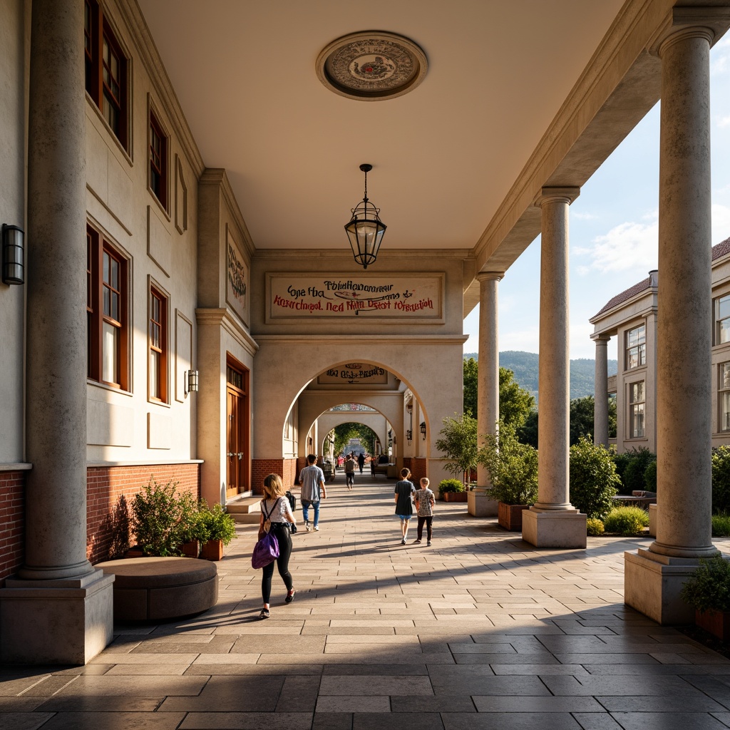 Prompt: Traditional elementary school facade, classical columns, ornate stone carvings, arched windows, symmetrical entrance, red brick walls, pitched roofs, slate tiles, grand staircases, wooden banisters, vintage lighting fixtures, creamy white walls, rich wood tones, comfortable classrooms, lively corridors, educational murals, inspirational quotes, natural light pouring in, warm afternoon sunlight, shallow depth of field, 1/2 composition, realistic textures, ambient occlusion.