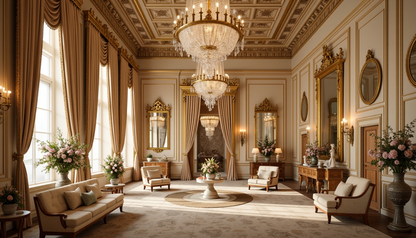 Prompt: Opulent ballroom, crystal chandeliers, gilded mirrors, intricately carved wooden panels, luxurious velvet drapes, ornate golden furnishings, soft cream-colored walls, delicate lace trimmings, exquisite porcelain vases, lavish flower arrangements, warm candlelight, shallow depth of field, 1/1 composition, detailed textures, ambient occlusion.