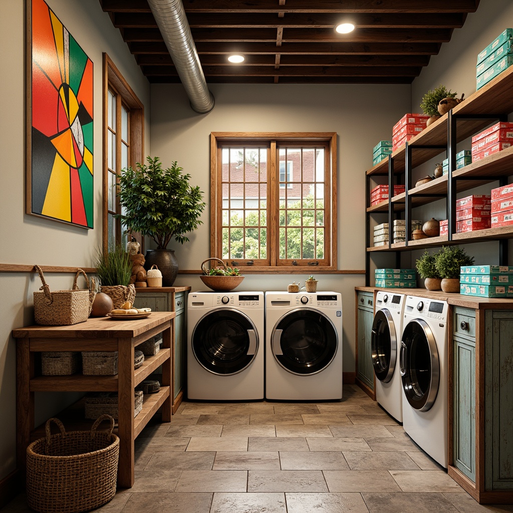 Prompt: Vibrant laundry room, eclectic decor, abstract expressionist artwork, bold color blocking, geometric patterns, industrial metal shelves, distressed wood accents, vintage washing machines, retro-style dryers, colorful fabric softener packets, woven baskets, natural stone flooring, warm overhead lighting, 3/4 composition, shallow depth of field, realistic textures, ambient occlusion.