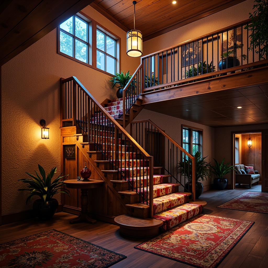 Prompt: Vibrant eclectic staircase, warm ambient lighting, soft glow LED strips, rustic wooden handrails, ornate metal balusters, colorful mosaic tiles, natural stone walls, luxurious velvet carpets, dramatic chandelier, warm candlelight, creative layering, high-contrast shadows, 1/1 composition, moody atmosphere, cinematic rendering, rich textures, detailed normal maps.