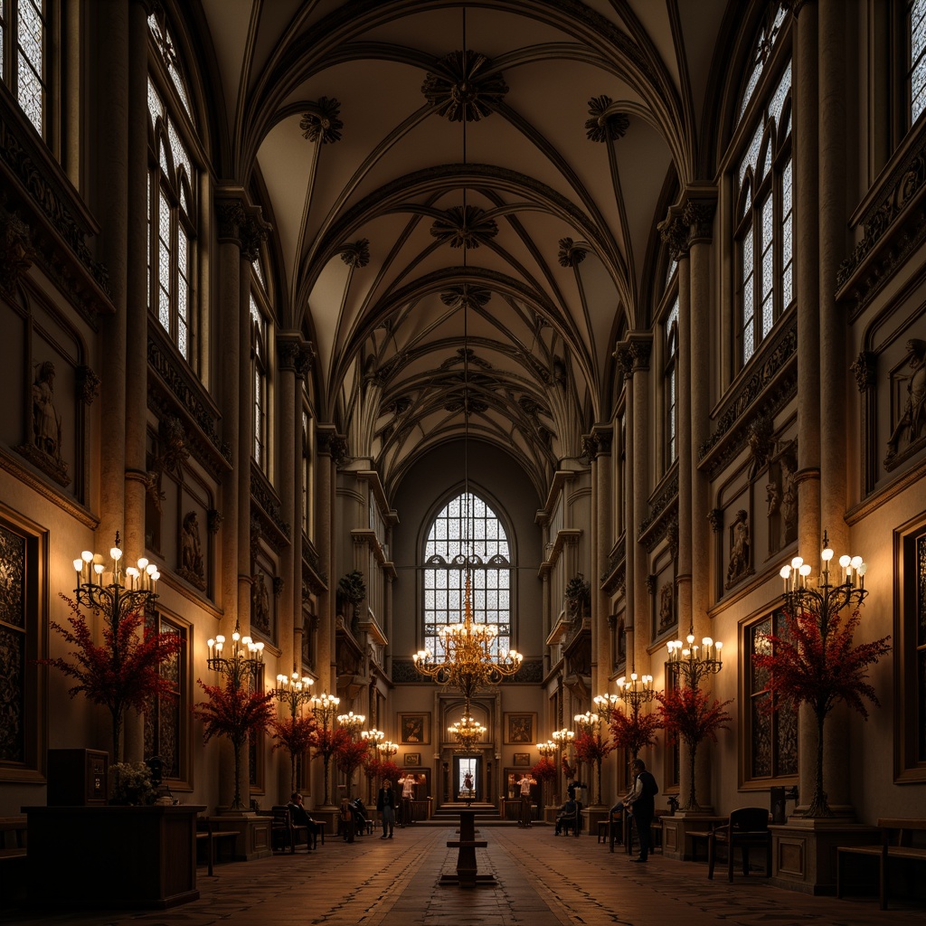 Prompt: Grand cathedral ceiling, ornate stone carvings, stained glass windows, dramatic chandeliers, candelabras with red candles, intricate ironwork, dark wood accents, mysterious ambiance, warm golden lighting, soft shadows, 1/2 composition, low-key lighting, realistic textures, ambient occlusion, mystical atmosphere.