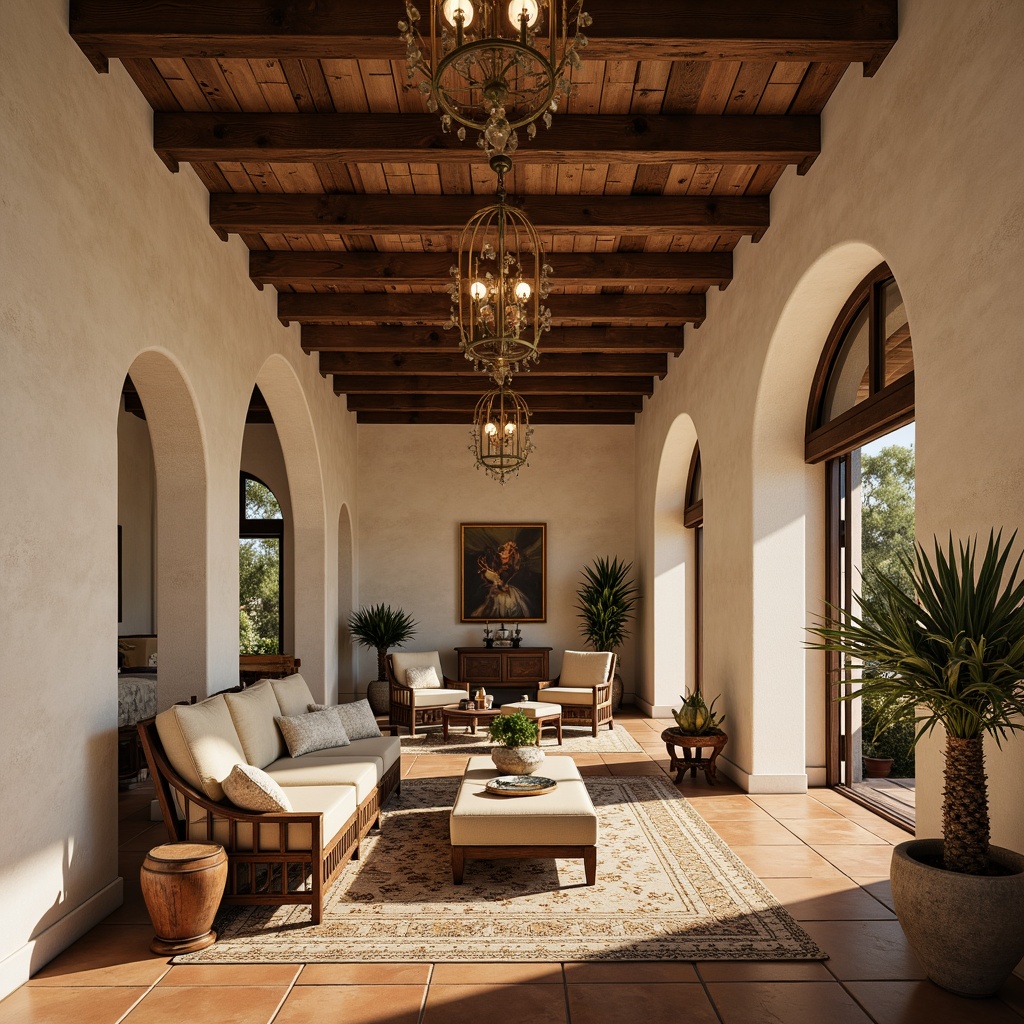 Prompt: Elegant Mediterranean villa, ornate archways, rustic stone walls, smooth plaster ceilings, warm terracotta floors, distressed wood beams, lavish chandeliers, luxurious velvet fabrics, intricate mosaic tiles, ornamental metalwork, soft golden lighting, warm beige color palette, classic columns, curved lines, elegant furnishings, plush area rugs, natural linen textiles, subtle sheen finishes, ambient shadows, shallow depth of field, 1/2 composition, realistic render.