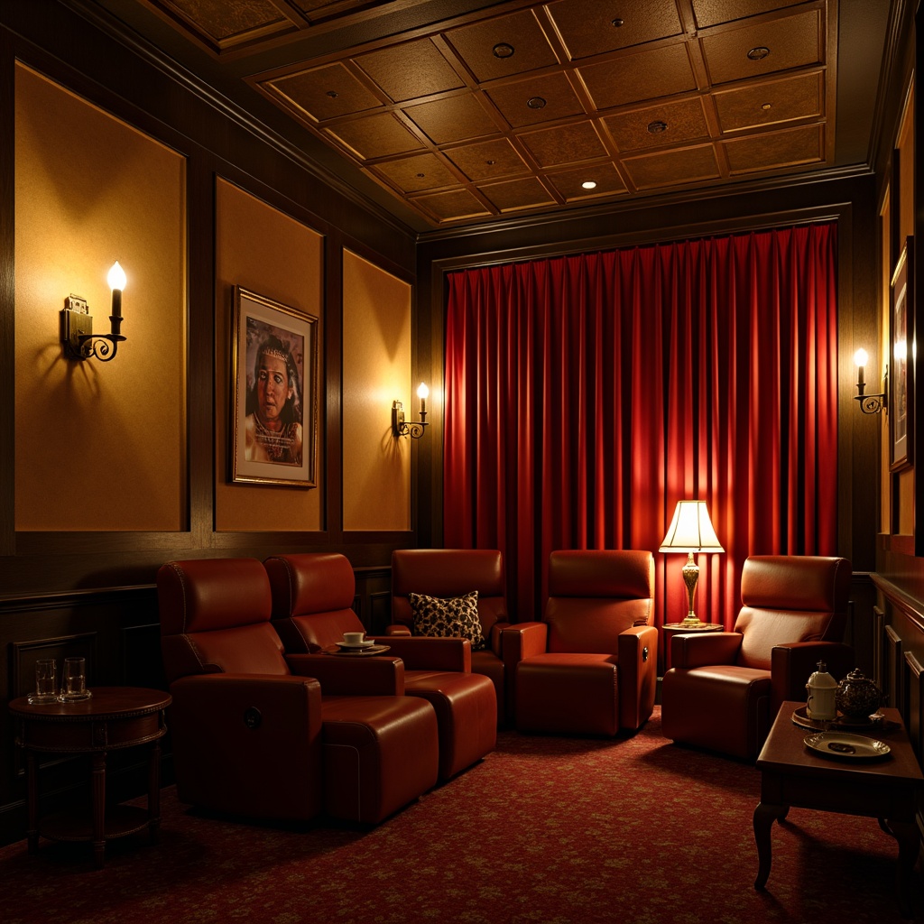 Prompt: Cozy cinema interior, warm golden lighting, soft glow of floor lamps, dimmable overhead lights, rich red velvet curtains, luxurious reclining seats, dark wood accents, ornate metal details, intimate atmosphere, cinematic posters, nostalgic film reels, subtle ambient sounds, 1/2 composition, shallow depth of field, warm color temperature, high contrast ratio, dramatic spotlights.