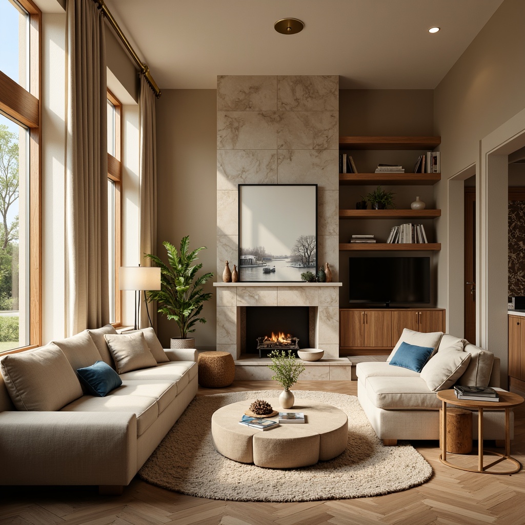 Prompt: Cozy living room, warm beige walls, rich walnut furniture, soft golden lighting, plush area rug, comfortable velvet sofa, natural stone fireplace, elegant cream curtains, subtle patterned wallpaper, calming blue accents, refreshing greenery, airy open space, modern minimalist decor, sleek metal fixtures, warm earthy tones, inviting atmosphere, shallow depth of field, 1/2 composition, realistic textures.