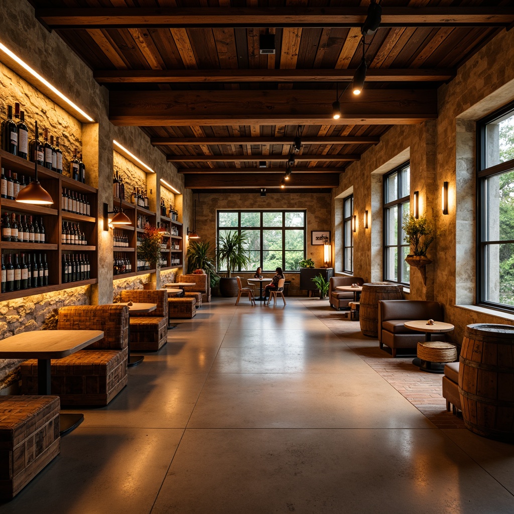 Prompt: Warm winery ambiance, modern industrial chic, reclaimed wood accents, metal beam ceilings, polished concrete floors, rustic stone walls, floor-to-ceiling windows, soft warm glow, pendant lamps, LED strip lighting, dimmable ambient lights, cozy nooks, intimate seating areas, wine barrel displays, wooden crates, vintage wine-making equipment, earthy color palette, natural textures, shallow depth of field, 1/2 composition, realistic reflections, subtle lens flares.