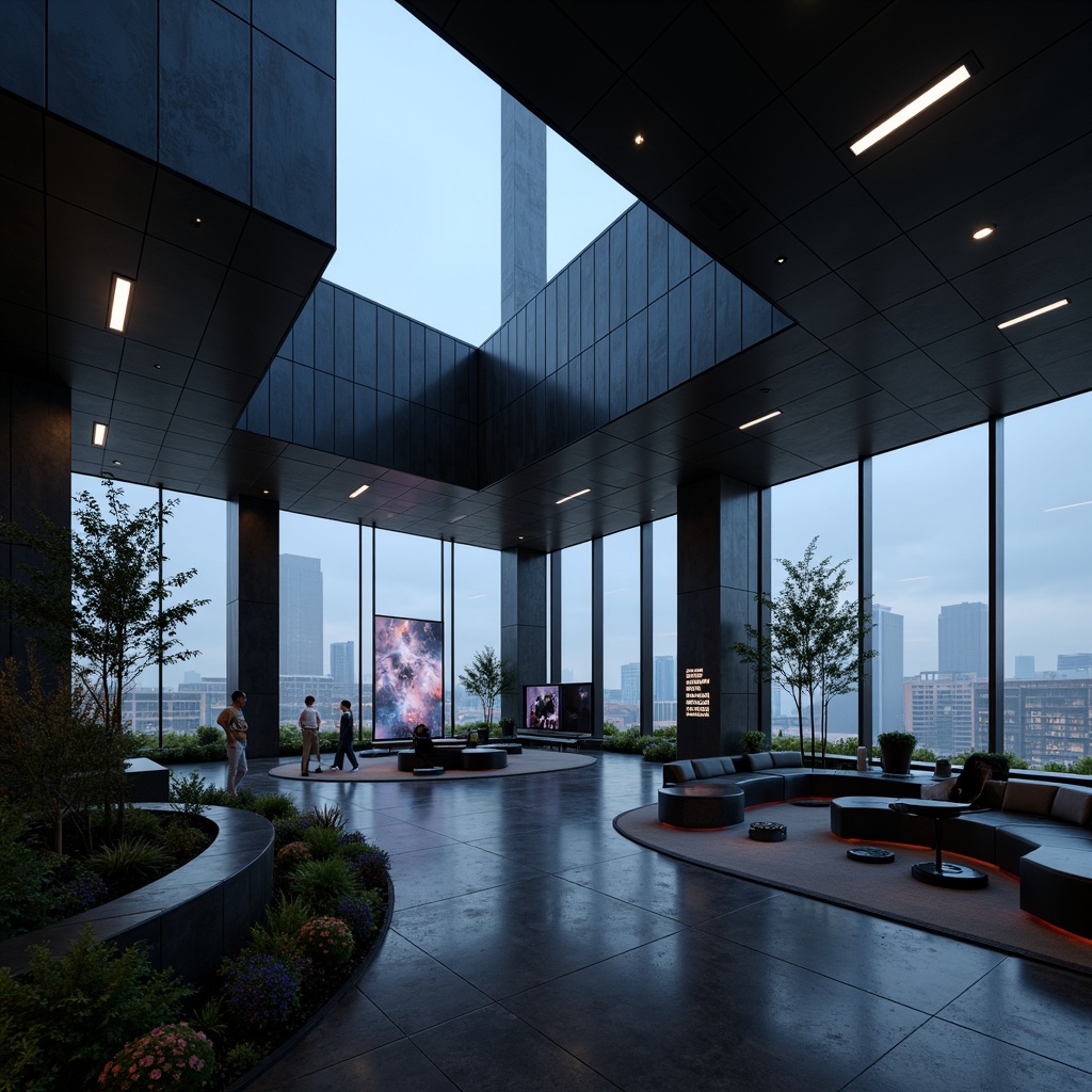 Prompt: Monochromatic futuristic interior, sleek metallic accents, glossy surfaces, ambient LED lighting, minimalist furnishings, geometric shapes, holographic displays, virtual reality interfaces, polished concrete floors, avant-garde art pieces, neon-lit cityscape views, atmospheric fog effects, cinematic composition, high-contrast colors, 1/1 aspect ratio, shallow depth of field.