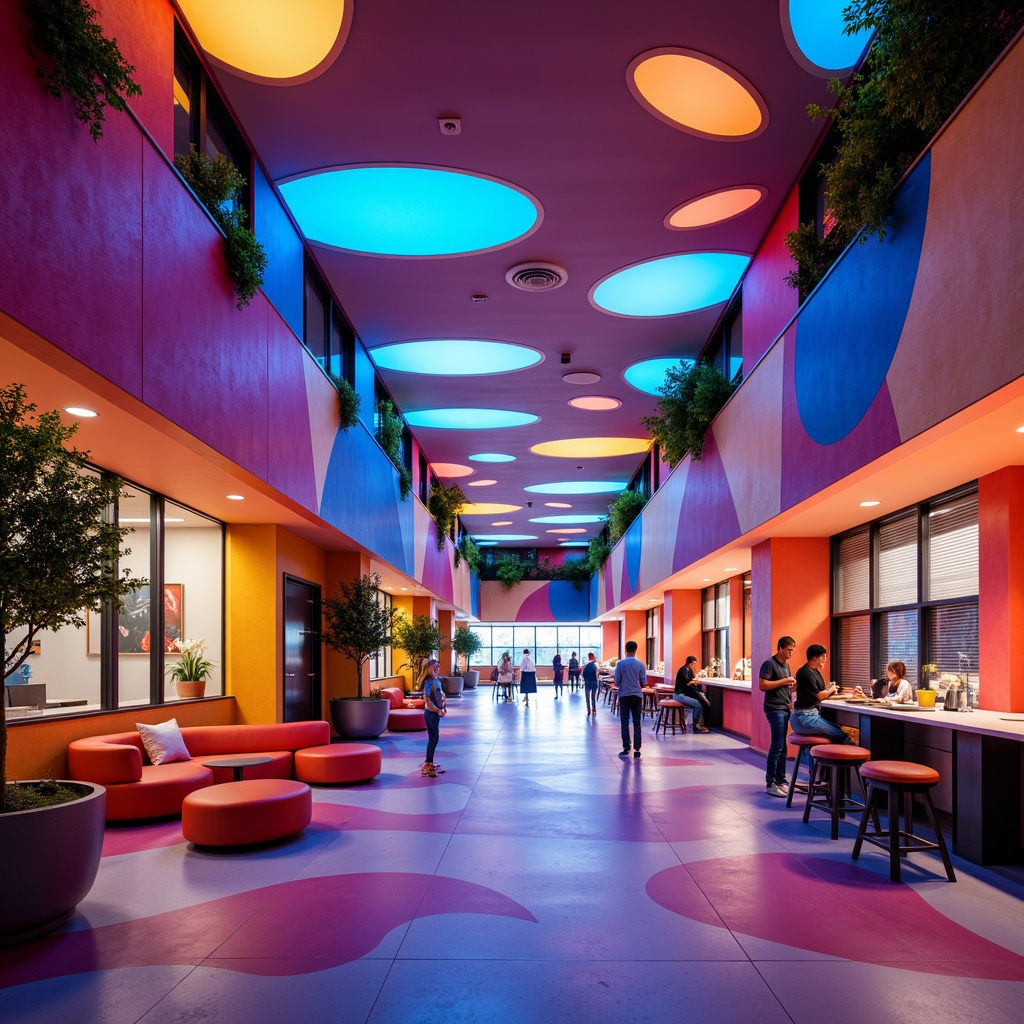 Prompt: Vibrant school interior, bold color schemes, dynamic shapes, abstract patterns, futuristic lighting fixtures, neon-lit corridors, glowing ceiling installations, LED screens, interactive light displays, playful shadow effects, whimsical ambiance, creative learning spaces, collaborative work areas, flexible furniture arrangements, eco-friendly materials, natural ventilation systems, large windows, clerestory windows, abundant daylight, warm atmospheric glow, high-contrast lighting, dramatic focal points, expressionist architecture, irregular forms, sculptural elements, artistic freedom.