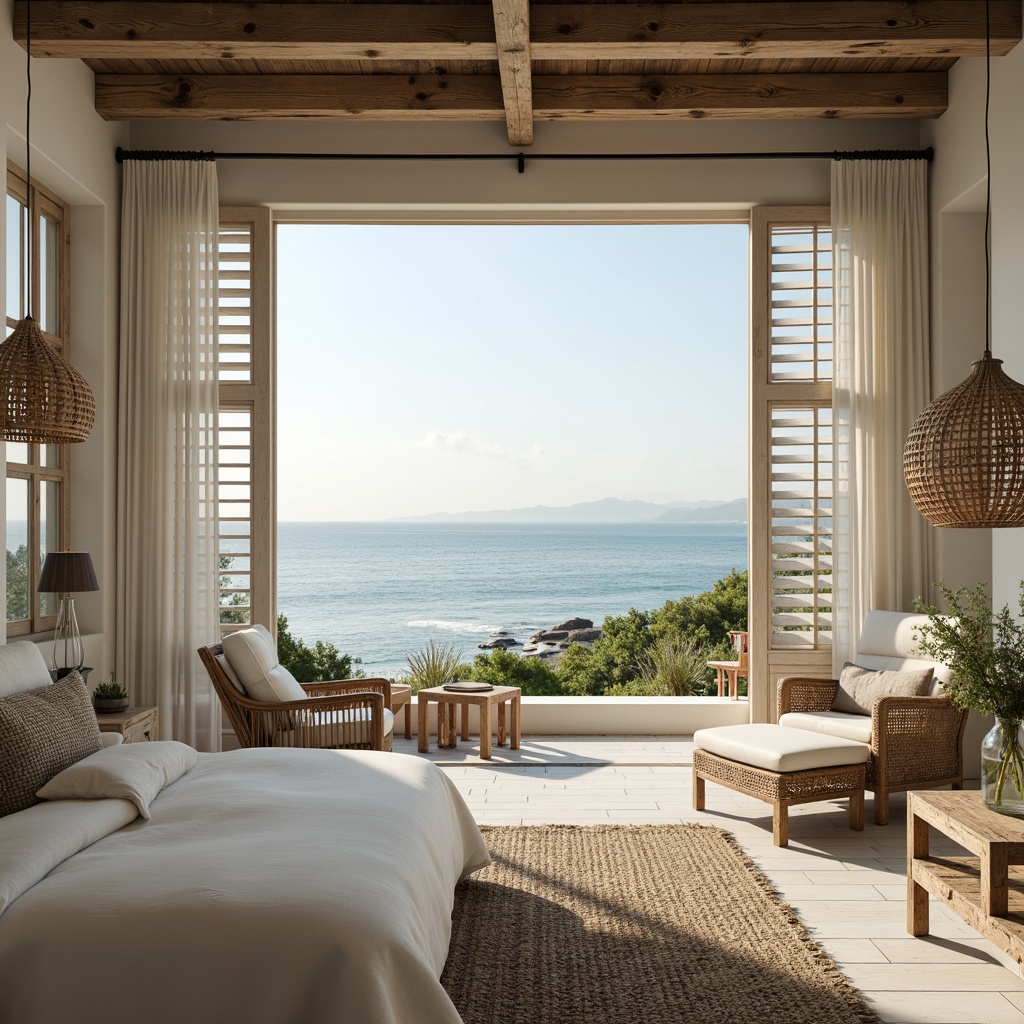 Prompt: Coastal bedroom, soft ocean breeze, calming sea views, driftwood furniture, white linen fabrics, natural textures, woven wicker chairs, glass pendant lights, rustic metal lanterns, distressed wood accents, blue-green color palette, warm sunny morning, gentle coastal glow, layered window treatments, sheer curtains, plantation shutters, 3/4 composition, shallow depth of field, soft focus effect.