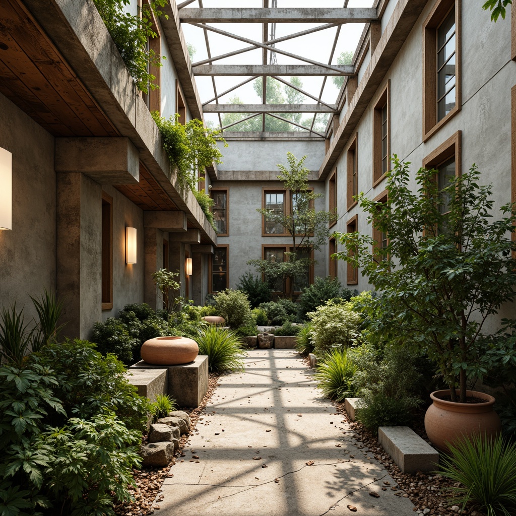 Prompt: Earthy tones, rugged brutalist architecture, industrial-style greenhouse, exposed concrete walls, steel beams, reclaimed wood accents, lush greenery, tropical plants, natural stone floors, earthy terracotta pots, moss-covered surfaces, misting systems, warm soft lighting, shallow depth of field, 1/2 composition, realistic textures, ambient occlusion, serene atmosphere.