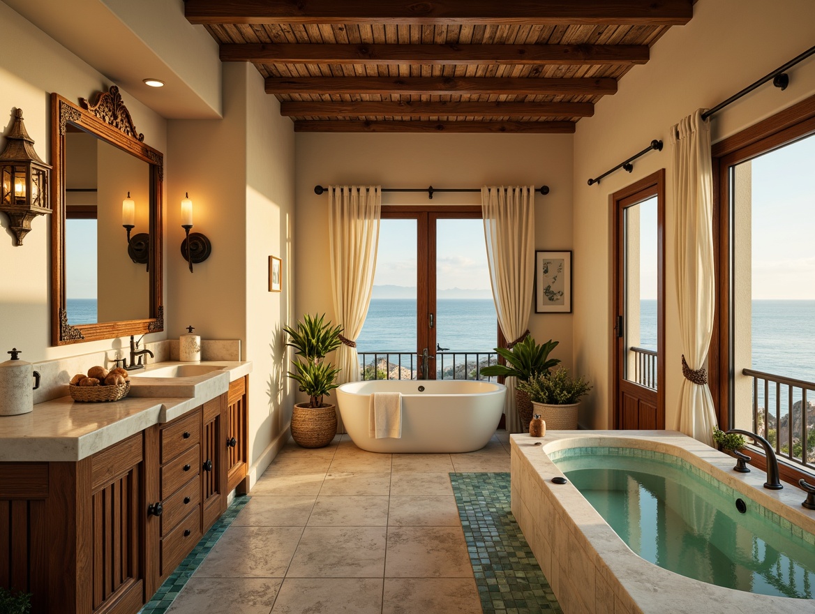 Prompt: Warm Mediterranean bathroom, soft golden lighting, creamy marble countertops, rustic wooden cabinets, ornate metal fixtures, sea-inspired accessories, turquoise glass tiles, natural stone flooring, spa-like ambiance, wall-mounted lanterns, warm LED lights, frosted glass shower doors, freestanding tubs, ocean-view windows, subtle aromatherapy, ambient music, 1/1 composition, soft focus, warm color palette.