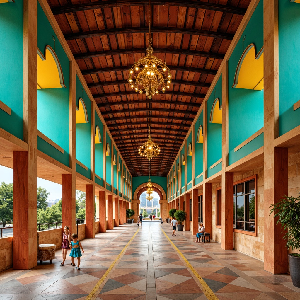 Prompt: Vibrant pavilion, postmodernist architecture, bold geometric shapes, bright turquoise walls, warm beige accents, rich terracotta columns, intricate ornate details, lavish golden ornaments, playful colorful patterns, eclectic mix of materials, rustic wood textures, sleek metal surfaces, grandiose arches, dramatic spotlights, warm soft lighting, shallow depth of field, 1/2 composition, atmospheric perspective, vivid realistic colors, ambient occlusion.