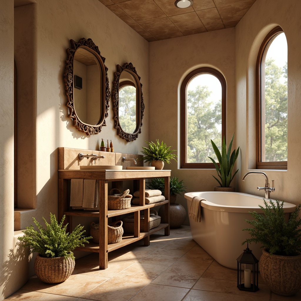 Prompt: Mediterranean-style bathroom, warm beige walls, ceramic tiles, ornate mirrors, wooden vanity, rustic faucets, woven baskets, potted plants, natural stone flooring, arched windows, soft warm lighting, 1/1 composition, realistic textures, ambient occlusion, luxurious textiles, elegant chrome fixtures, decorative lanterns, distressed wood accents, earthy color palette, spa-like ambiance.