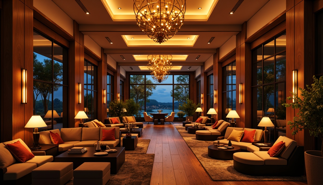 Prompt: Warm ambient lighting, cozy lounges, plush sofas, rich wood accents, luxurious fabrics, elegant chandeliers, soft warm colors, inviting atmospheres, sophisticated modern designs, recessed lighting, floor lamps, table lamps, LED strip lights, subtle color transitions, dramatic high ceilings, ornate details, opulent materials, lavish textures, intimate settings, relaxing moods, calming backgrounds, serene ambiance, 1/2 composition, shallow depth of field, realistic renderings.