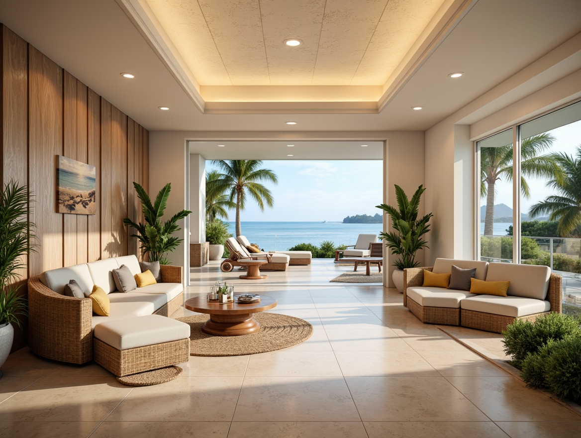 Prompt: Soft coastal colors, calming ocean views, natural textures, driftwood accents, sea-glass inspired fixtures, warm beige floors, creamy white walls, gentle curves, soothing ambient lighting, LED illuminated ceiling panels, floor-to-ceiling windows, sliding glass doors, private outdoor spaces, lush greenery, tropical plants, wooden beach signs, nautical-themed decor, comfortable waiting areas, relaxing soundscapes, calming color palette, serene atmosphere, 1/2 composition, shallow depth of field, warm softbox lighting.