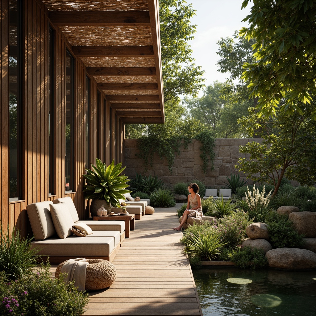 Prompt: Earthy tones, organic materials, woven fibers, natural fabrics, reclaimed wood accents, stone walls, living green walls, lush vegetation, serene water features, soft misting systems, warm ambient lighting, shallow depth of field, 1/2 composition, realistic rendering, vibrant floral patterns, earthy color palette, soothing atmosphere.