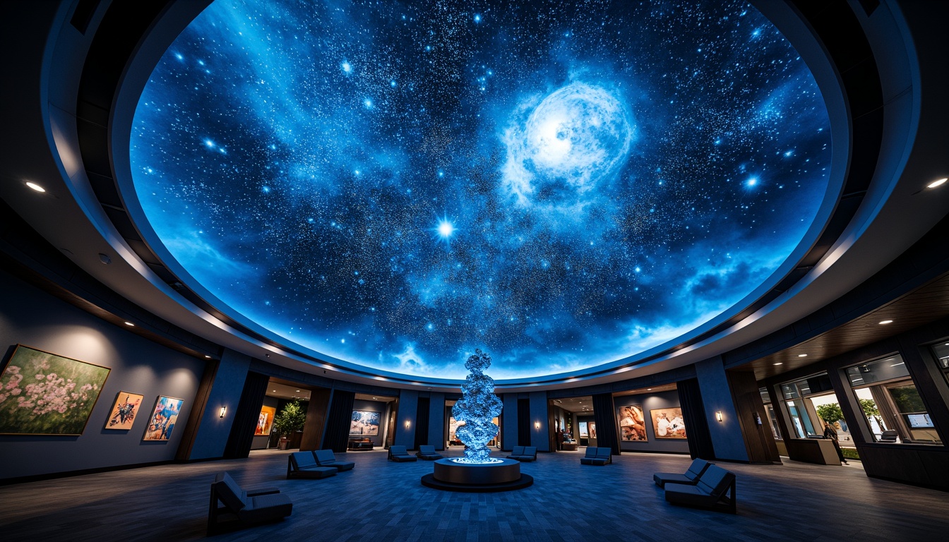 Prompt: Cosmic planetarium interior, starry night sky projection, dome-shaped ceiling, circular seating arrangement, futuristic lighting fixtures, LED constellation patterns, soft blue ambient glow, fiber optic starlight installation, suspended spherical chandeliers, darkened atmosphere, subtle floor lighting, astronomical instrument displays, interactive exhibit spaces, immersive audiovisual experiences, 3D visualization technology, panoramic views, realistic nebula textures, shallow depth of field.